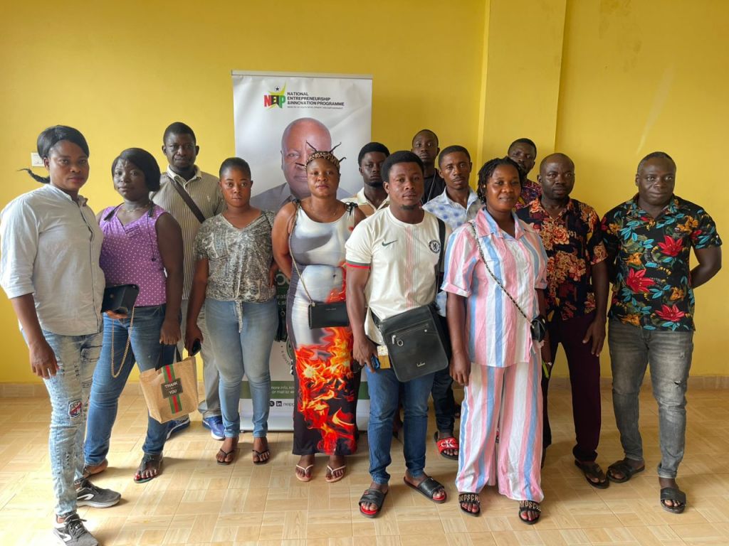 Young trainees learning practical agriculture techniques during AgroT Hub’s Adwumawura agribusiness training